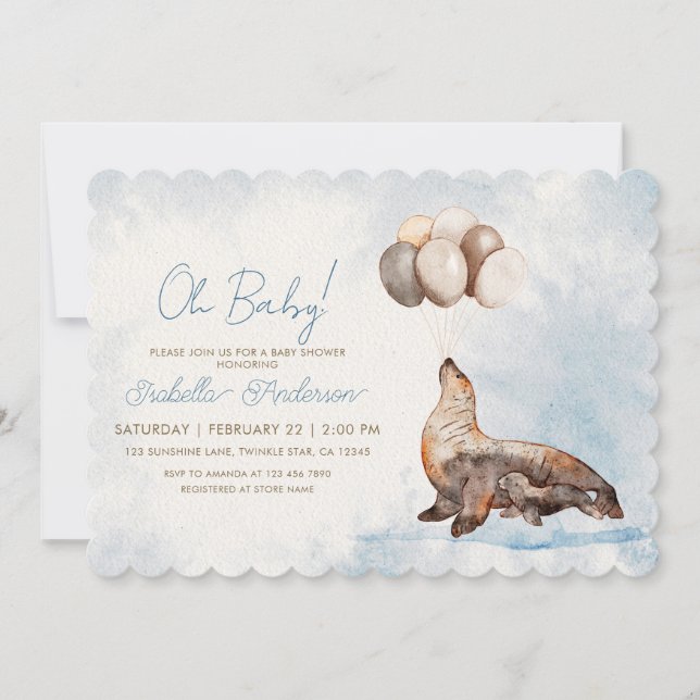 Invitation Mama and Baby Sea Lion Boy Baby Shower (Devant)