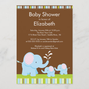 Invitation Mama & Baby Elephants Twins Baby shower Boy Girl
