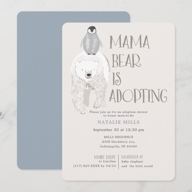 Invitation Mama Bear Adoption Blue Boy Baby shower (Devant / Derrière)