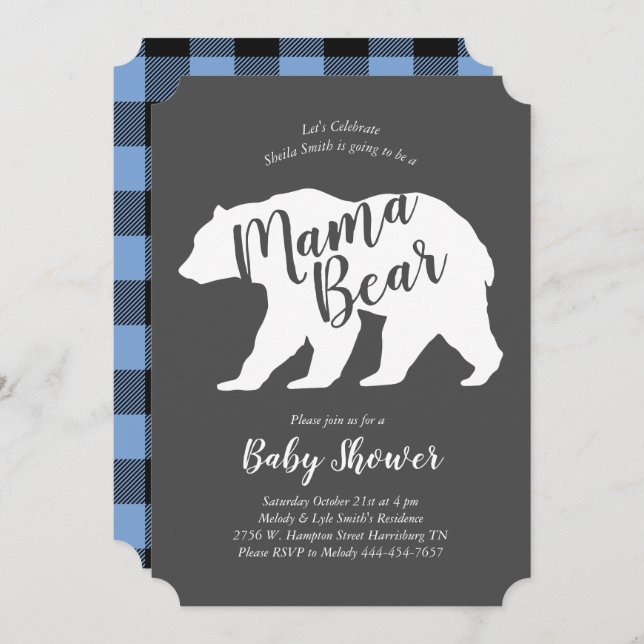 Invitation Mama Bear Baby shower Blue Plaid Boy (Devant / Derrière)
