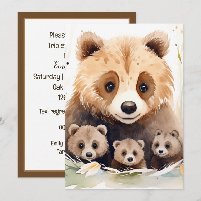 Invitation Mama Bear et Cubs Triplet Baby shower (Devant / Derrière)