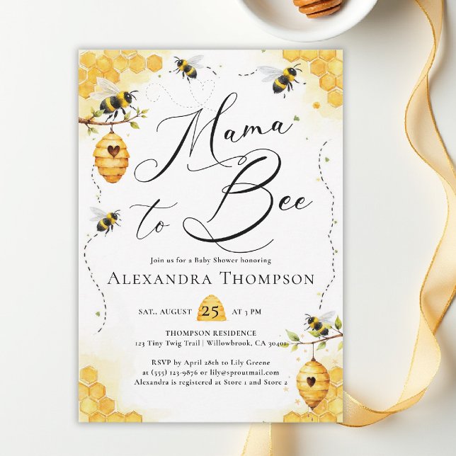 Invitation Mama Bee Été Aquarelle Élégant Shower de Bébé (mom to bee baby shower theme invitation spring summer little honey watercolor elegant)