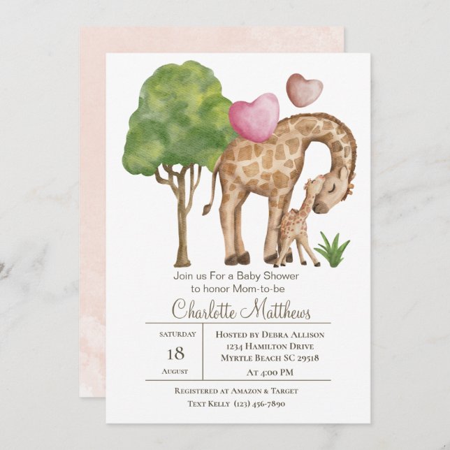Invitation Mama et Baby Giraffe Jungle Baby shower Sarfari (Devant / Derrière)