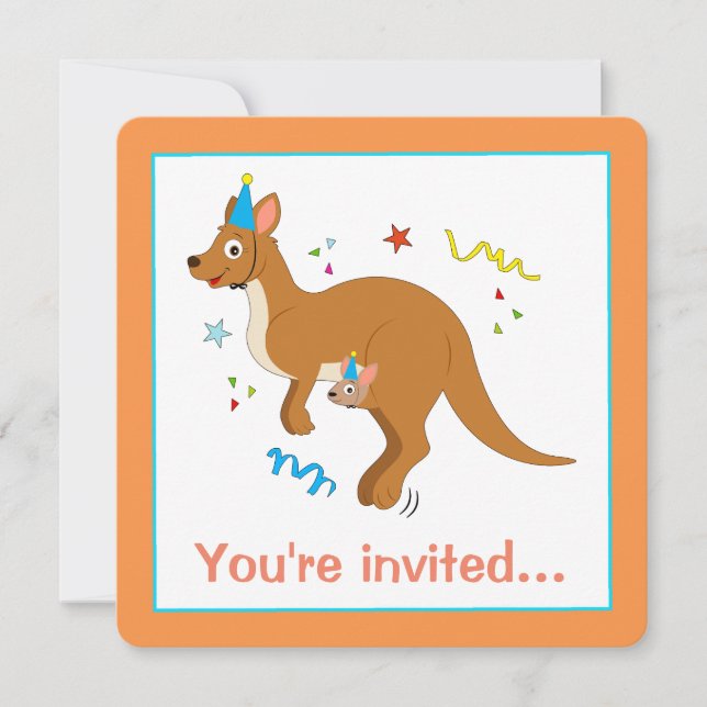 Invitation Mama et Baby Kangaroos avec Casquettes d'anniversa (Devant)