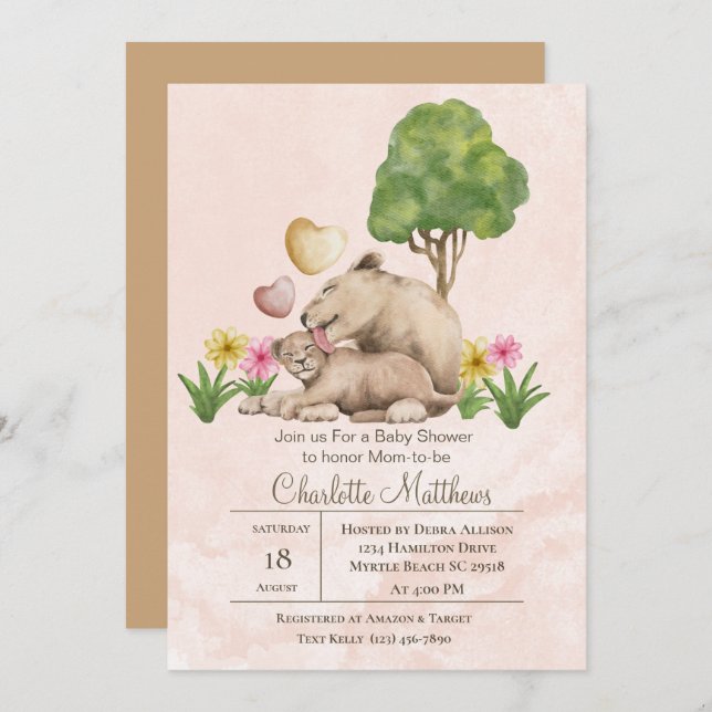 Invitation Mama et bébé Lion Jungle Baby shower Sarfari (Devant / Derrière)