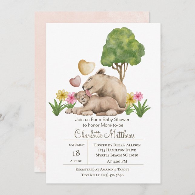 Invitation Mama et bébé Lion Jungle Sarfari Baby shower Inv (Devant / Derrière)