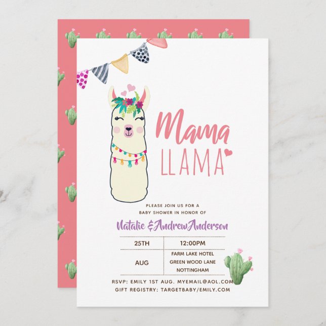 Invitation Mama Llama Baby shower Fiesta Cactus Cute Girls (Devant / Derrière)