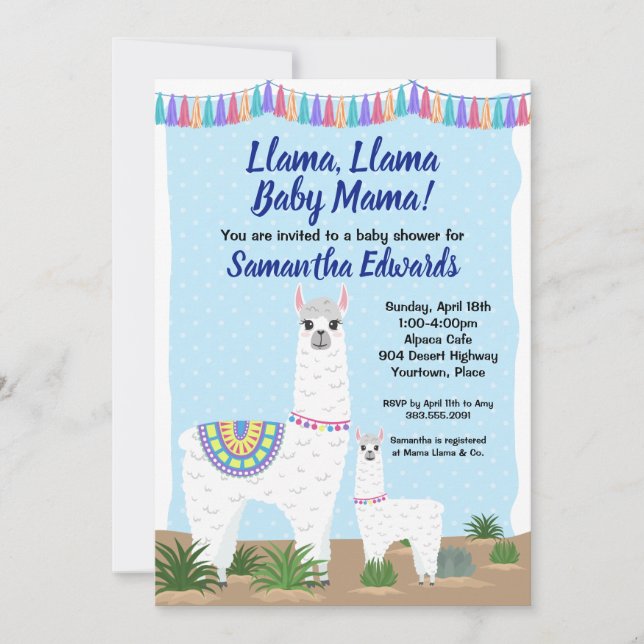 Invitation Mama Llama et Baby Blue Polka Dot Baby shower (Devant)