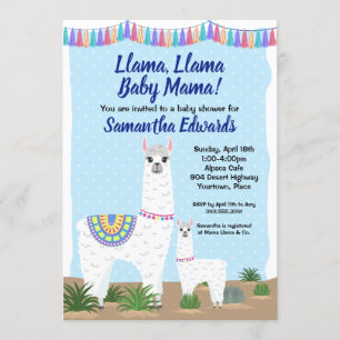 Invitation Mama Llama et Baby Blue Polka Dot Baby shower
