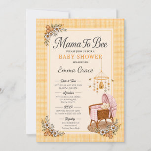 Invitation Mama pour bébé Baby Shower avec berceau à carreaux