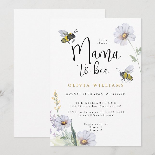 Invitation Mama to Bee Fleur sauvage Daisy Baby shower (Devant / Derrière)