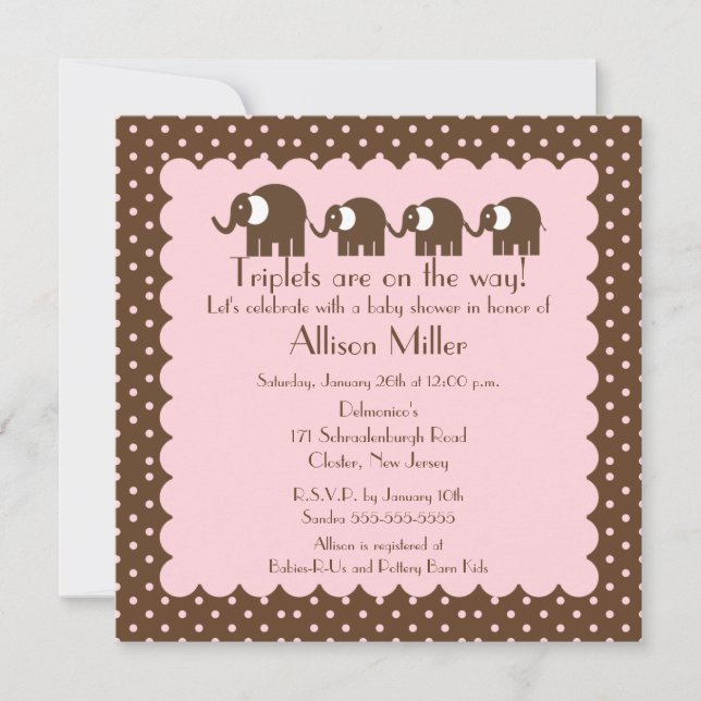Invitation Mama & triplet Girls Baby Elephant Baby shower (Devant)