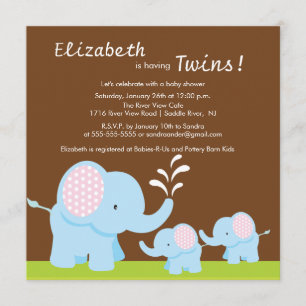 Invitation Mama & Twin Elephants Baby shower garçon ou fille