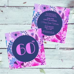 Invitation Maman 60e anniversaire rose, bleu et violet Floral