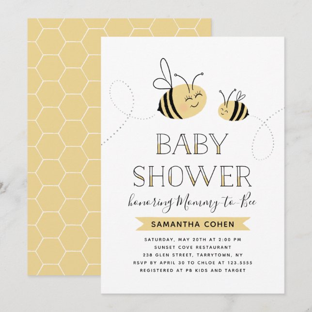 Invitation Maman-à-Bee | Baby shower | Jaune (Devant / Derrière)