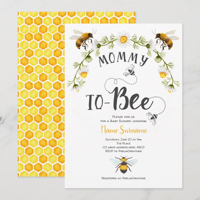 Invitation Maman à être, Baby shower d'abeille (Devant / Derrière)