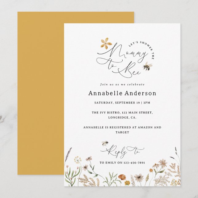 Invitation Maman abeille fête de bébé sauvage fleur jaune (Devant / Derrière)