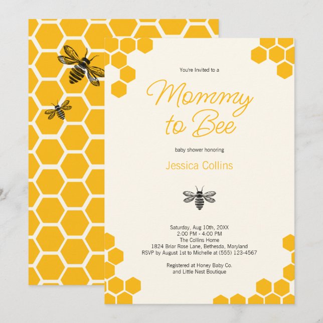 Invitation Maman Abeille Jaune Mignonne pour la Fête de Bébé (Devant / Derrière)