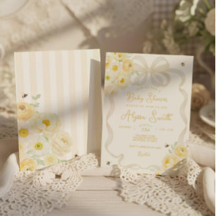 Invitation Maman abeille rayures jaunes et fleurs pour Baby S