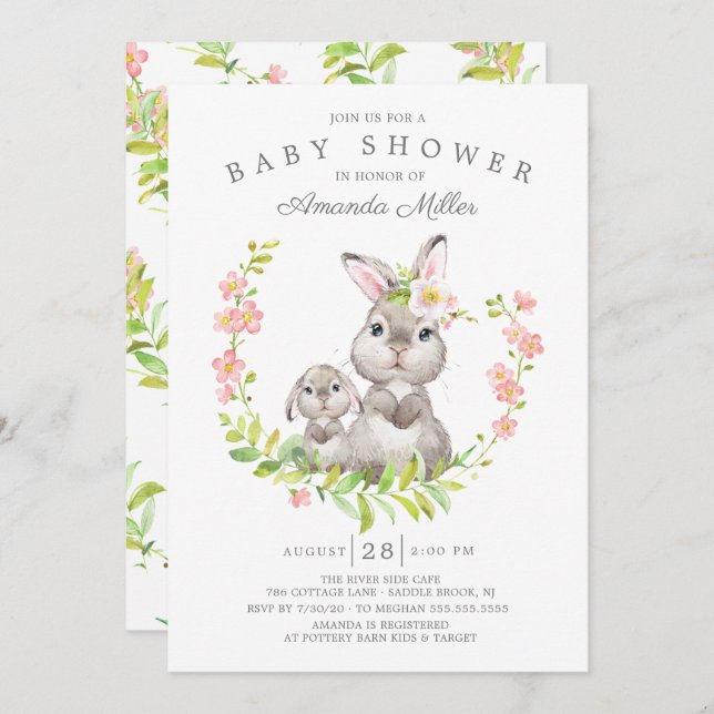 Invitation Maman adorable et bébé filles lapin Baby Shower (Devant / Derrière)
