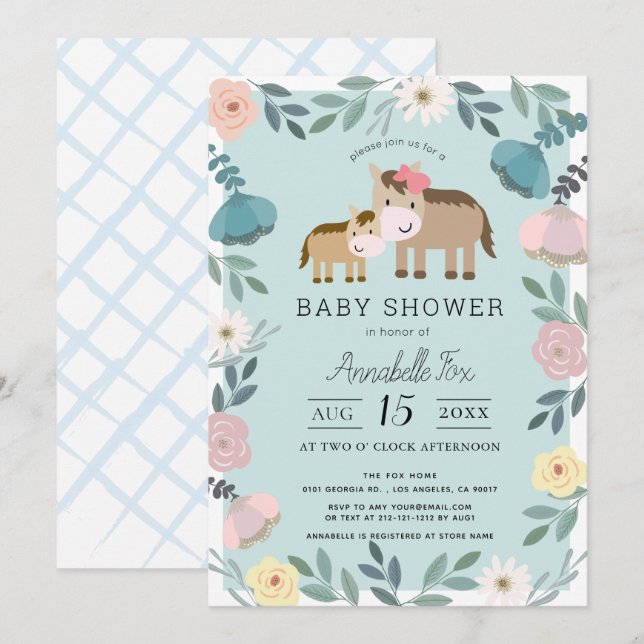 Invitation Maman & Baby Horse Bleu Jardin Floral Baby shower (Devant / Derrière)