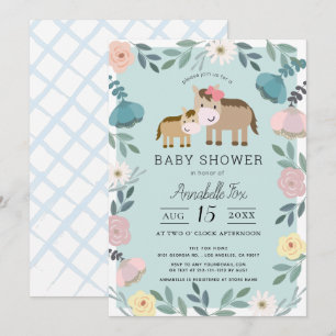 Invitation Maman & Baby Horse Bleu Jardin Floral Baby shower
