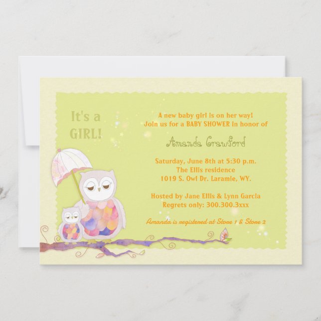 Invitation Maman & Baby Owls Green Baby Girl Douche (Devant)