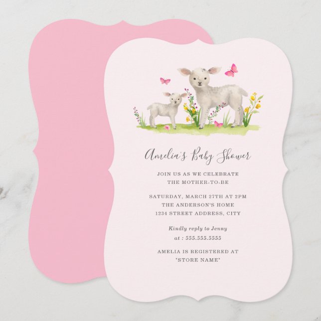 Invitation Maman Bébé Mouton Douce Baby Shower (Devant / Derrière)
