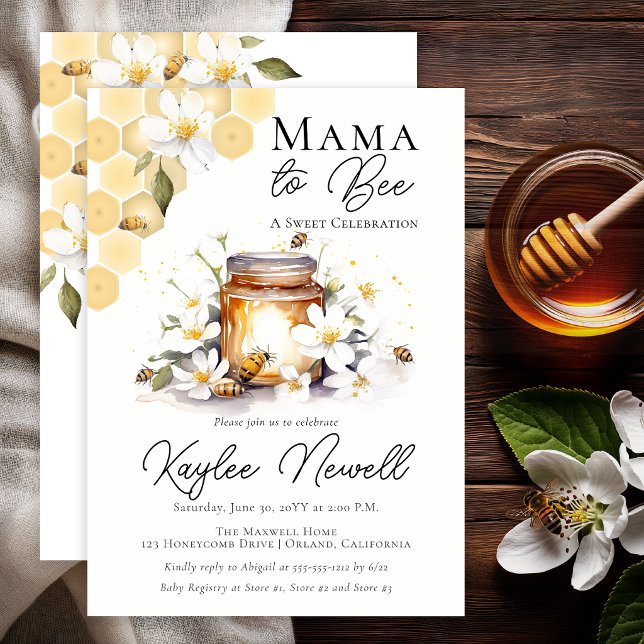 Invitation Maman de l'abeille Fête Prénatale de Bébé Honey Be (Elegant mama to bee baby shower with honey jar, florals, and soft gold accents)