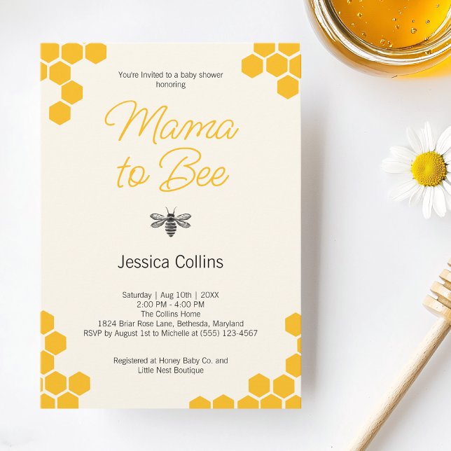 Invitation Maman de l'abeille Nid d'abeille moderne Bourdon B (Mama to Bee Gender Neutral Cute Yellow Honeycomb Invitation)