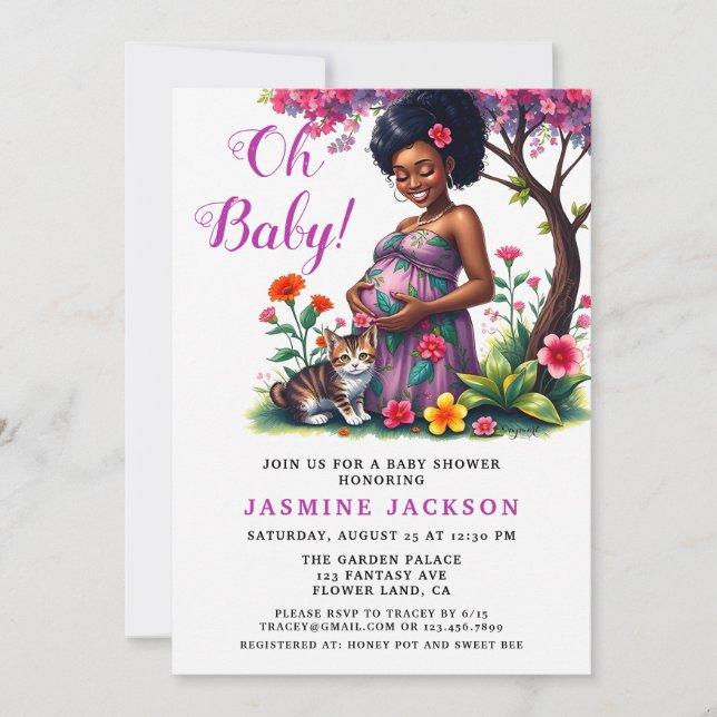 Invitation Maman enceinte Chat Floral Purple Baby shower (Devant)