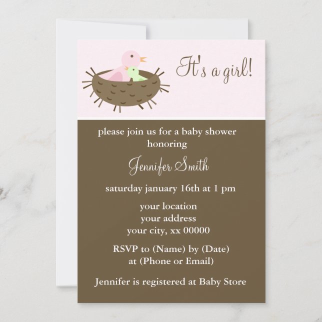 Invitation Maman et bébé Baby shower de fille d'oiseaux (Devant)