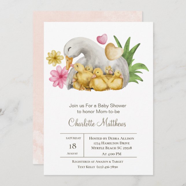 Invitation Maman et bébé Canard Baby shower d'animaux aquatiq (Devant / Derrière)