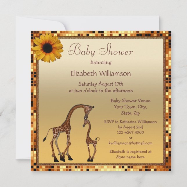 Invitation Maman et bébé girafe doré faire part de naissance  (Devant)