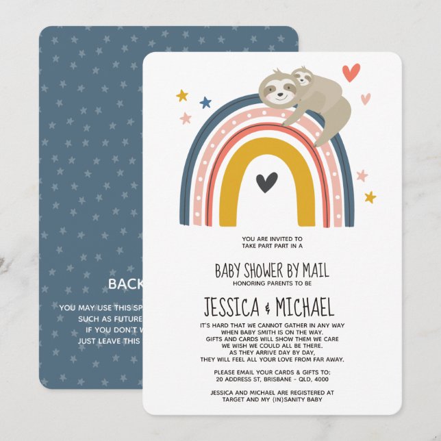 Invitation Maman et bébé Sloth Rainbow | Baby shower par cour (Devant / Derrière)