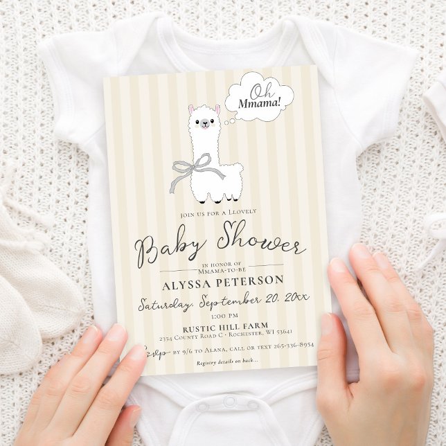 Invitation Maman Lama Drôle Oh Mignonne Crème Bébé Shower (Modern funny Oh Mmama saying cute Llama bows gender neutral baby girl or boy baby shower invitation)
