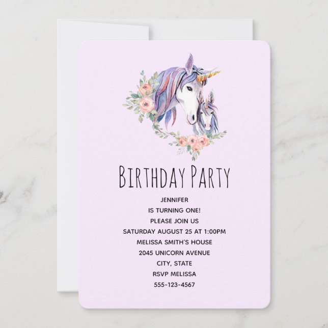 Invitation Maman Licorne Mignonne & Bébé Anniversaire Aquarel (Devant)