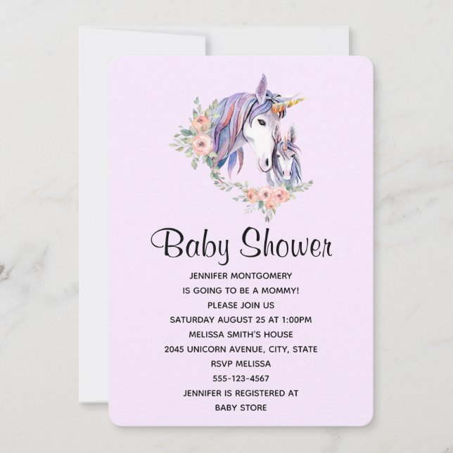 Invitation Maman licorne Pretty et bébé - Baby Shower aquarel (Devant)