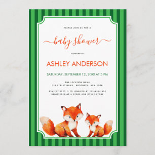 Invitation Maman renard et Baby Shower Bandes vertes Mignon