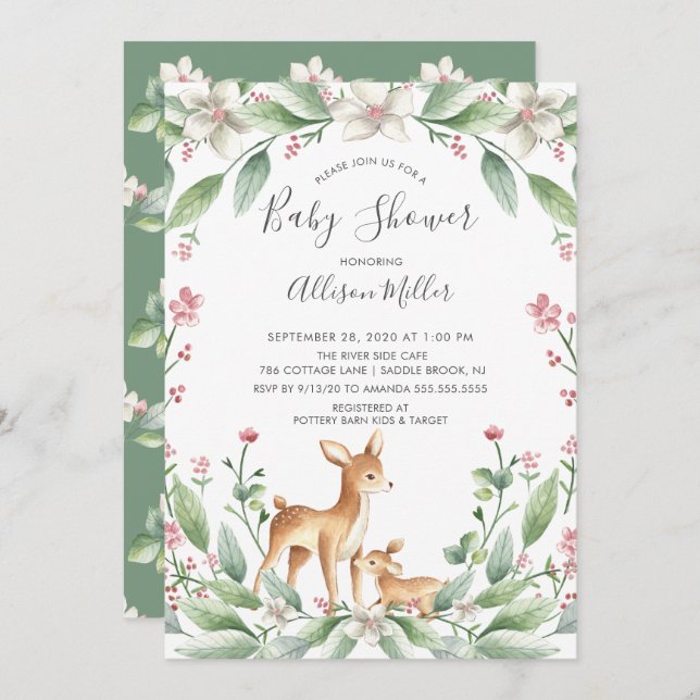 Invitation Maman & Sweet Baby Deer Baby shower neutre (Devant / Derrière)