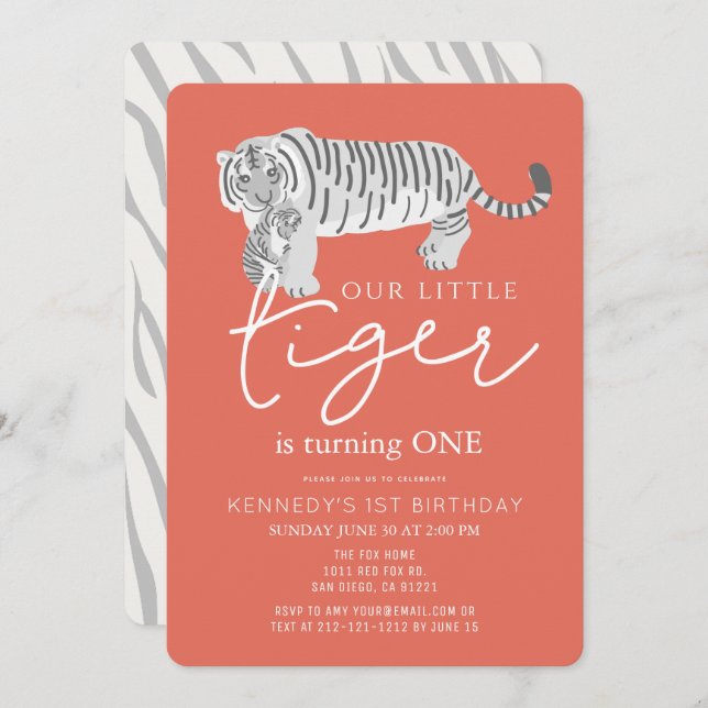 Invitation Maman Tiger & Cub Modern Red 1er anniversaire (Devant / Derrière)