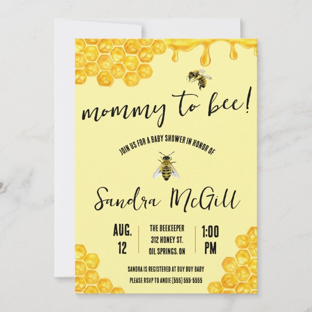 Invitation Maman to Bee ! Abeille de miel, Miel, Baby shower (Devant)