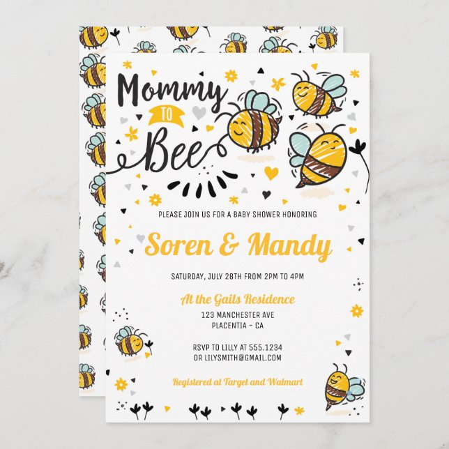 Invitation Maman to Bee Baby shower (Devant / Derrière)