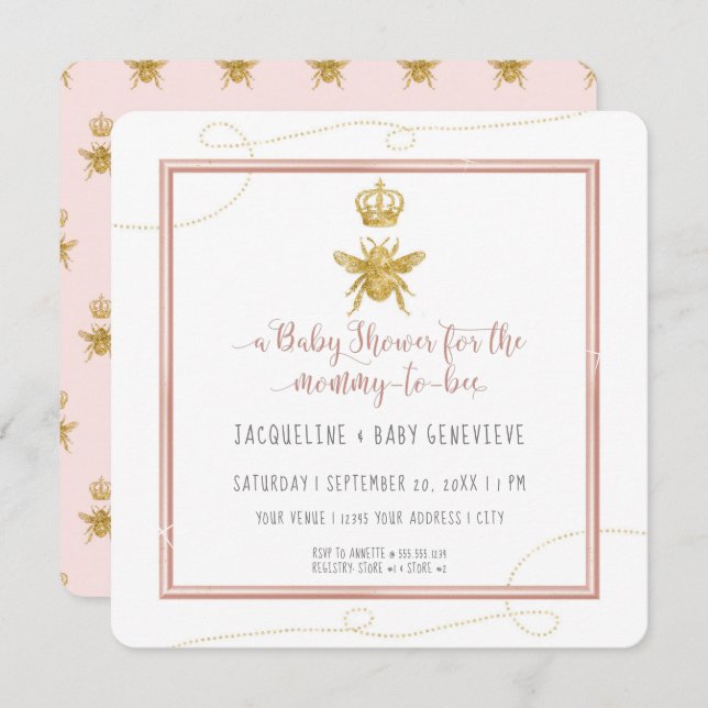 Invitation Maman to Bee Gold Parties scintillant Rose Girl Ba (Devant / Derrière)