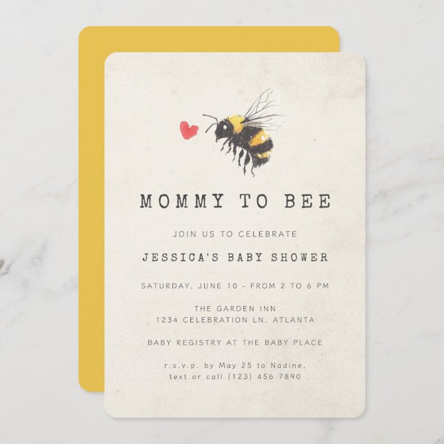 Invitation Maman to Bee Honey Coeur Baby shower jaune (Devant / Derrière)
