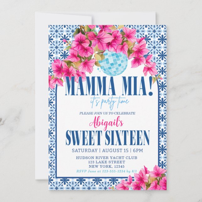 Invitation Mamma Mia ! 16 ans, Joyeux Anniversaire (Devant)
