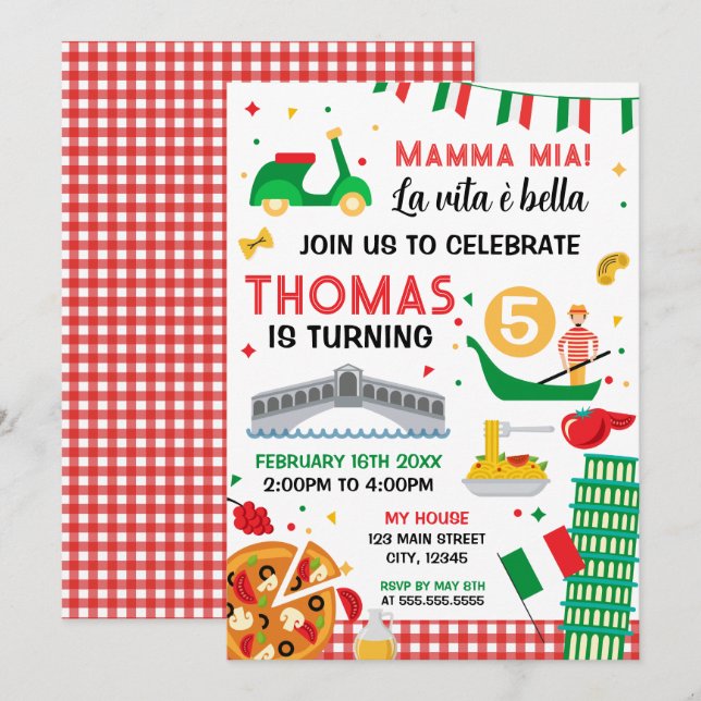 Invitation Mamma mia! Italian Birthday Party (Devant / Derrière)