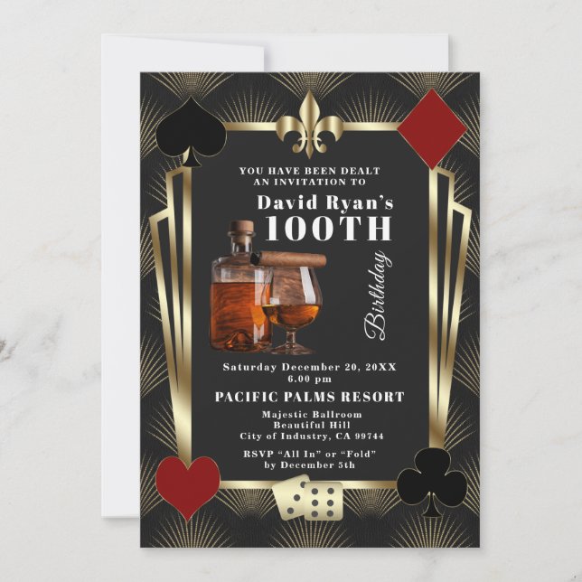 Invitation Man Casino Cognac And Cigar 100th Birthday Party  (Devant)
