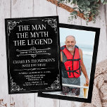 Invitation Man Myth Legend Black Surprise 70th Birthday Photo<br><div class="desc">C'Est L'Homme Le Mythe La LÉGENDE ! Sa vie a été une aventure extraordinaire et il est temps de célébrer son héritage et lui. Ce papier noir texturé de type blanc et blanc rayé coin surprise 70ème anniversaire invitation avec la photo de l'invité d'honneur sur le dos est parfait pour...</div>