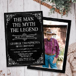 Invitation Man Myth Legend Black Surprise 90th Birthday Photo<br><div class="desc">C'Est L'Homme Le Mythe La LÉGENDE ! Sa vie a été une aventure extraordinaire et il est temps de célébrer son héritage et lui. Ce papier noir texturé de type blanc et blanc rayé coin surprise 90e anniversaire avec la photo de l'invité d'honneur au dos est parfait pour inviter amis...</div>